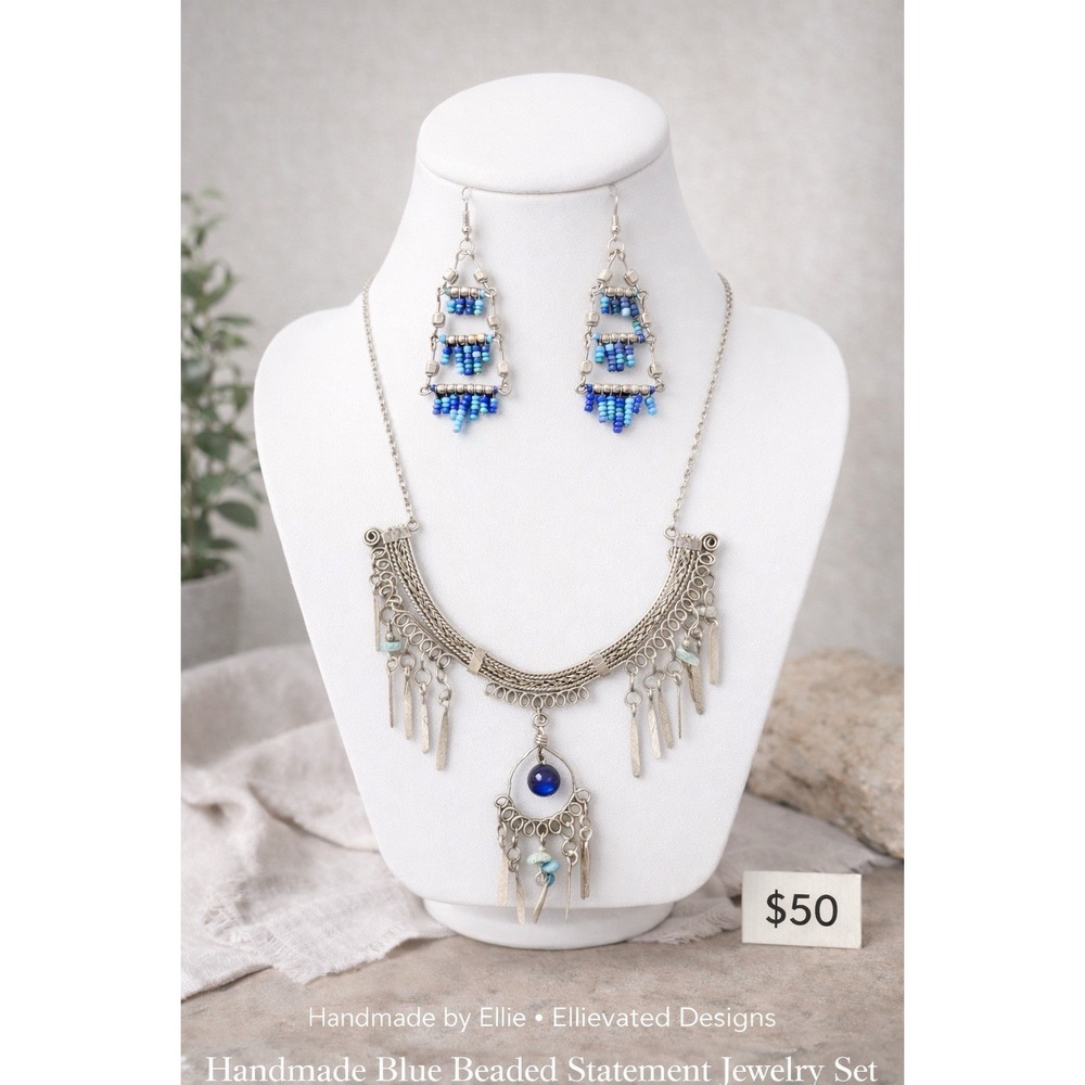 Handmade Wire Wrapped and Blue Beaded Necklace and Earring Set Boho Jewelry
